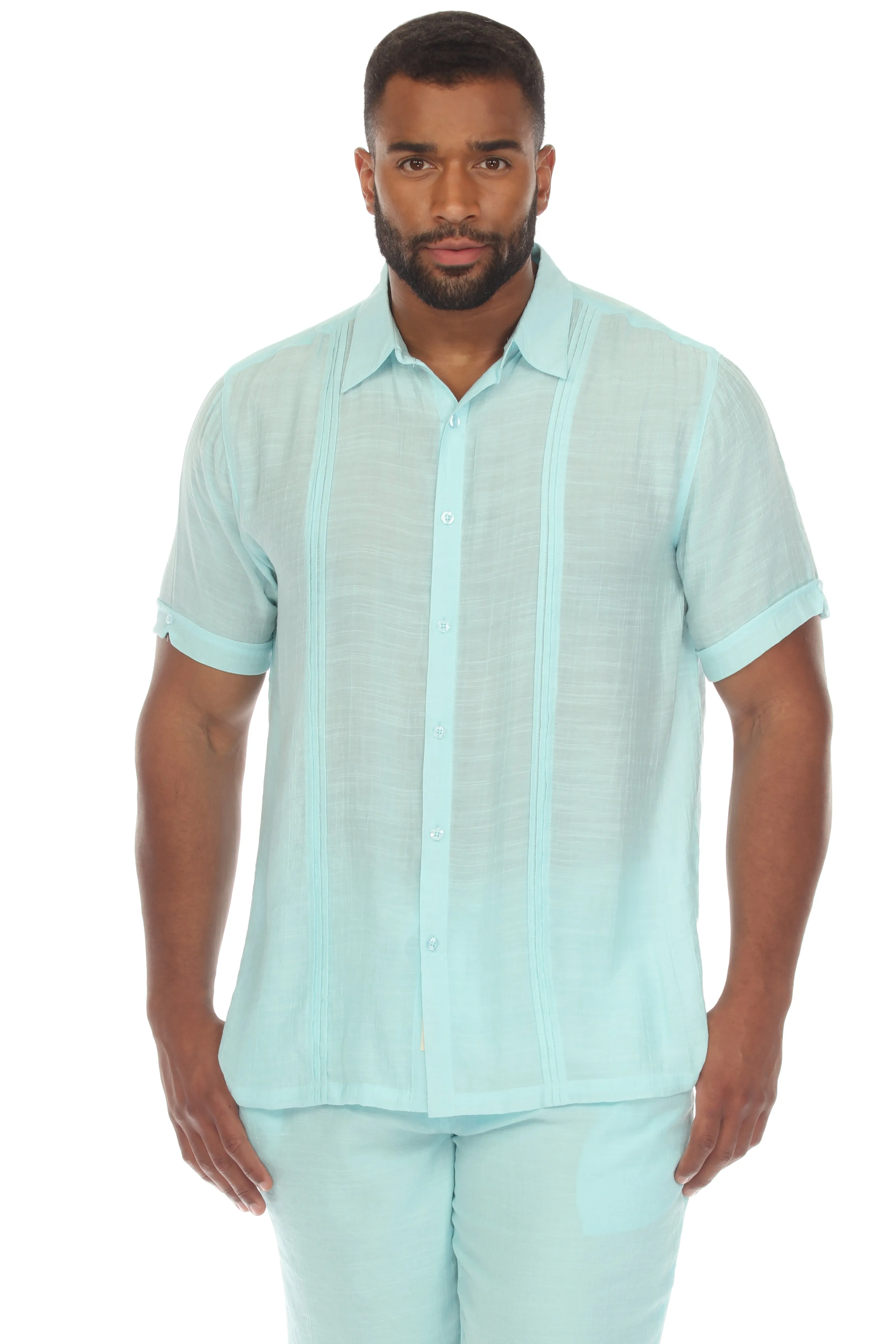 Men's Button Down Beachwear Short Sleeve Shirt with Pleating Design