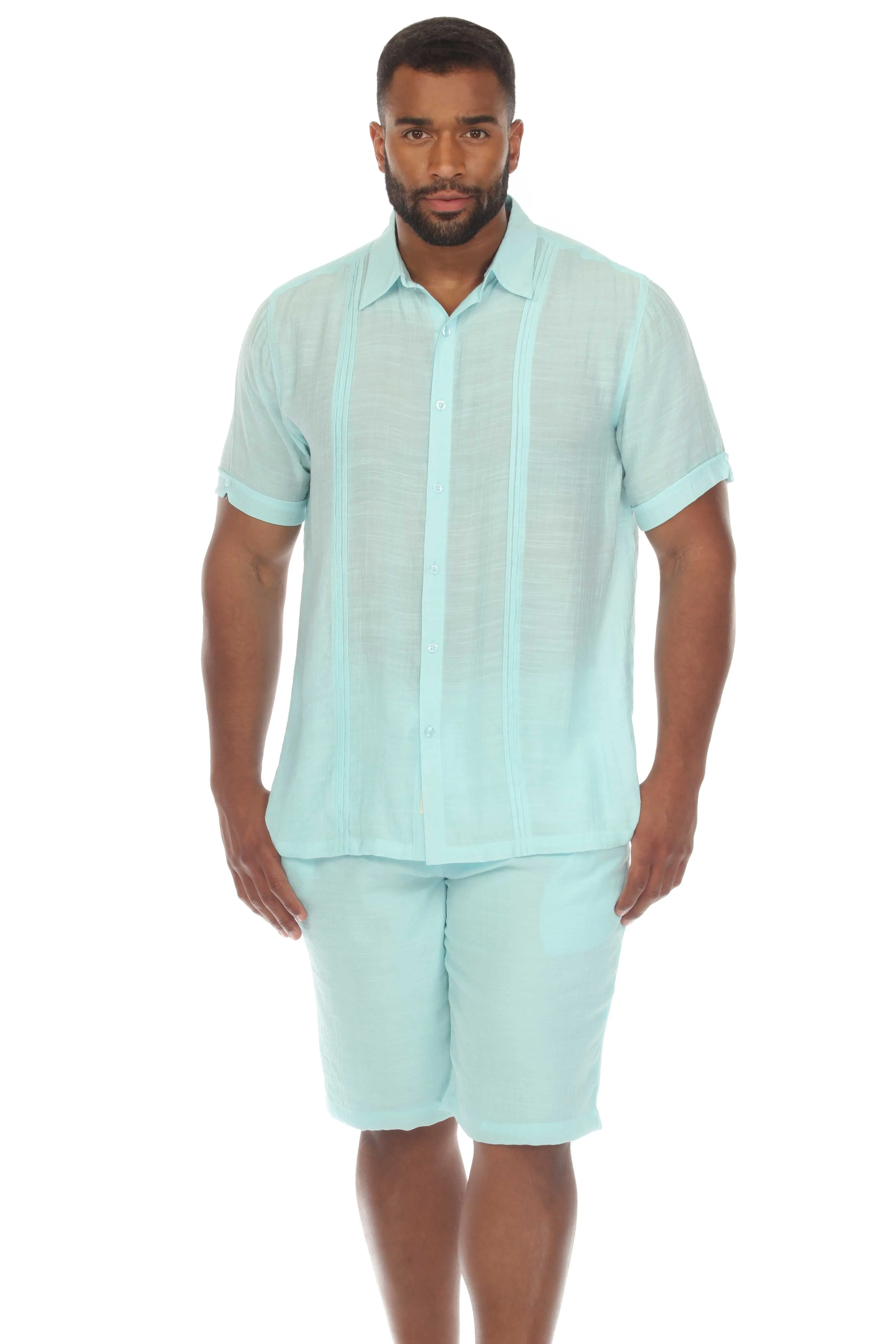 Men's Button Down Beachwear Short Sleeve Shirt with Pleating Design