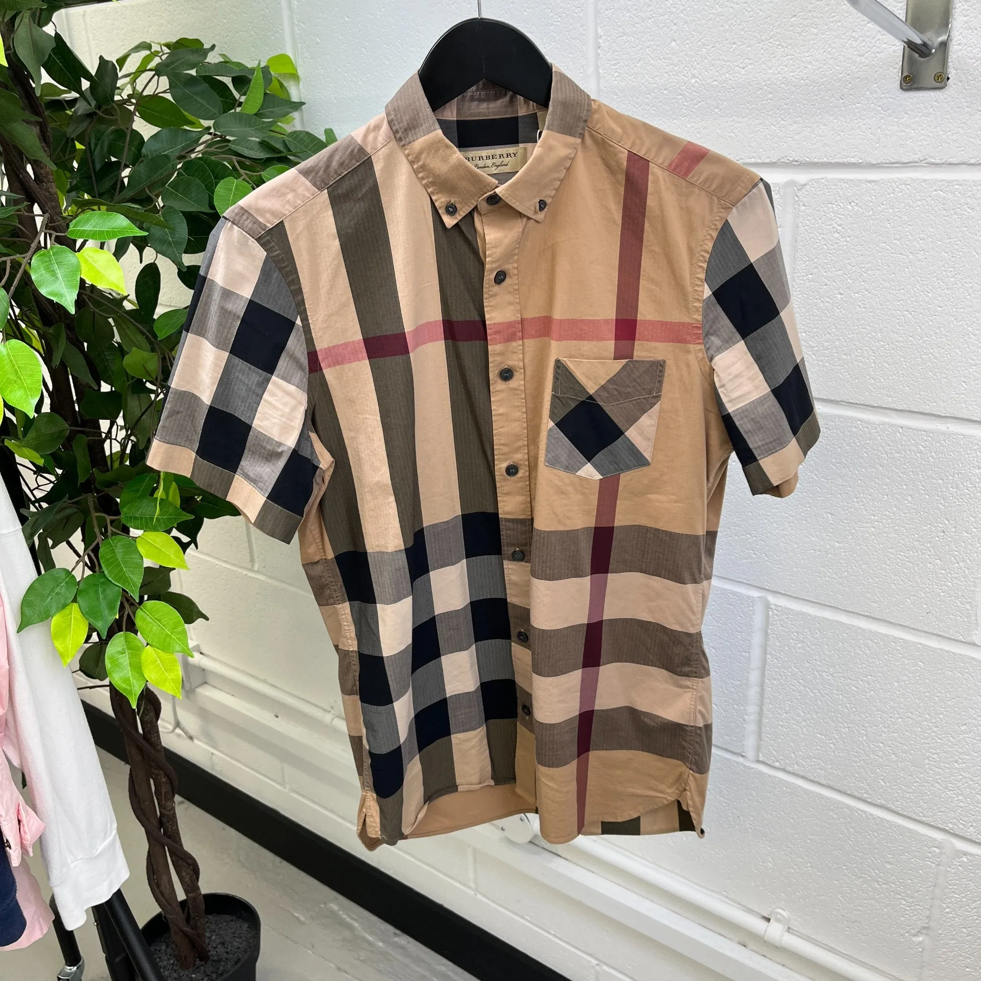 Men's Checkered Short Sleeve Shirt Beige Size S