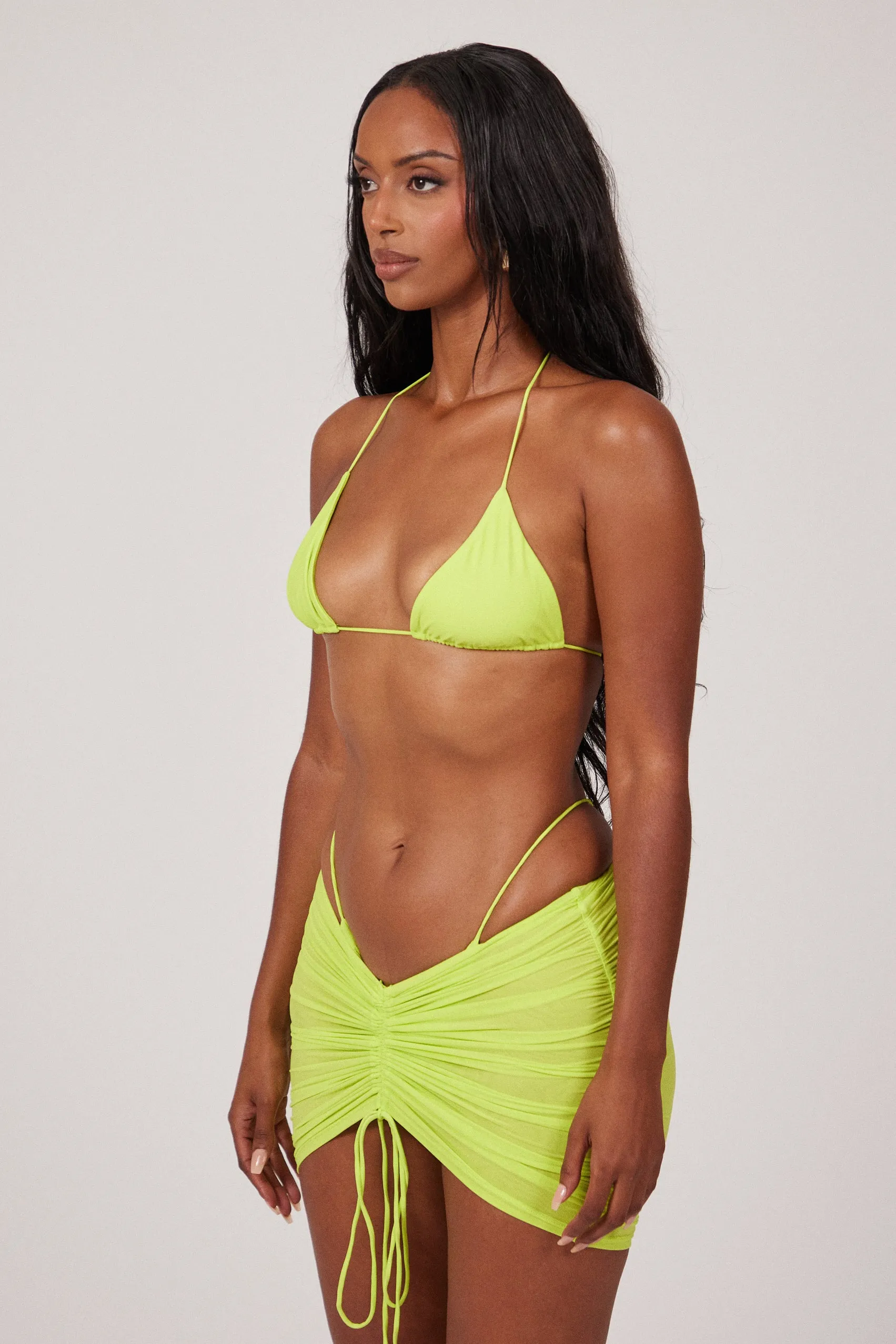 Mesh Ruched Coverup Skirt - Lime