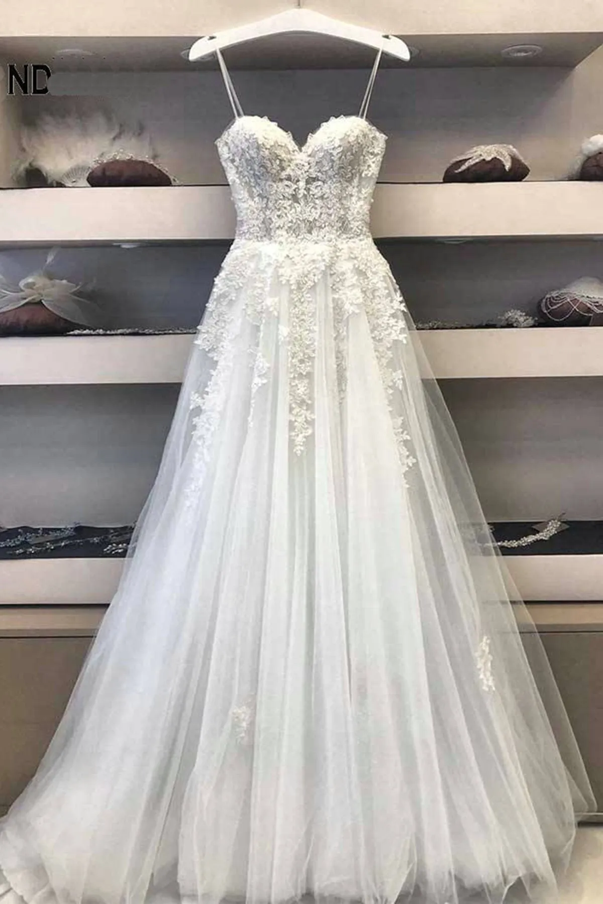 Modest Long A Line Sweetheart Lace Tulle Wedding Dress