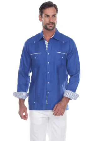 Mojito Men's 100% Linen Guayabera Shirt Long Sleeve Print Trim Accent