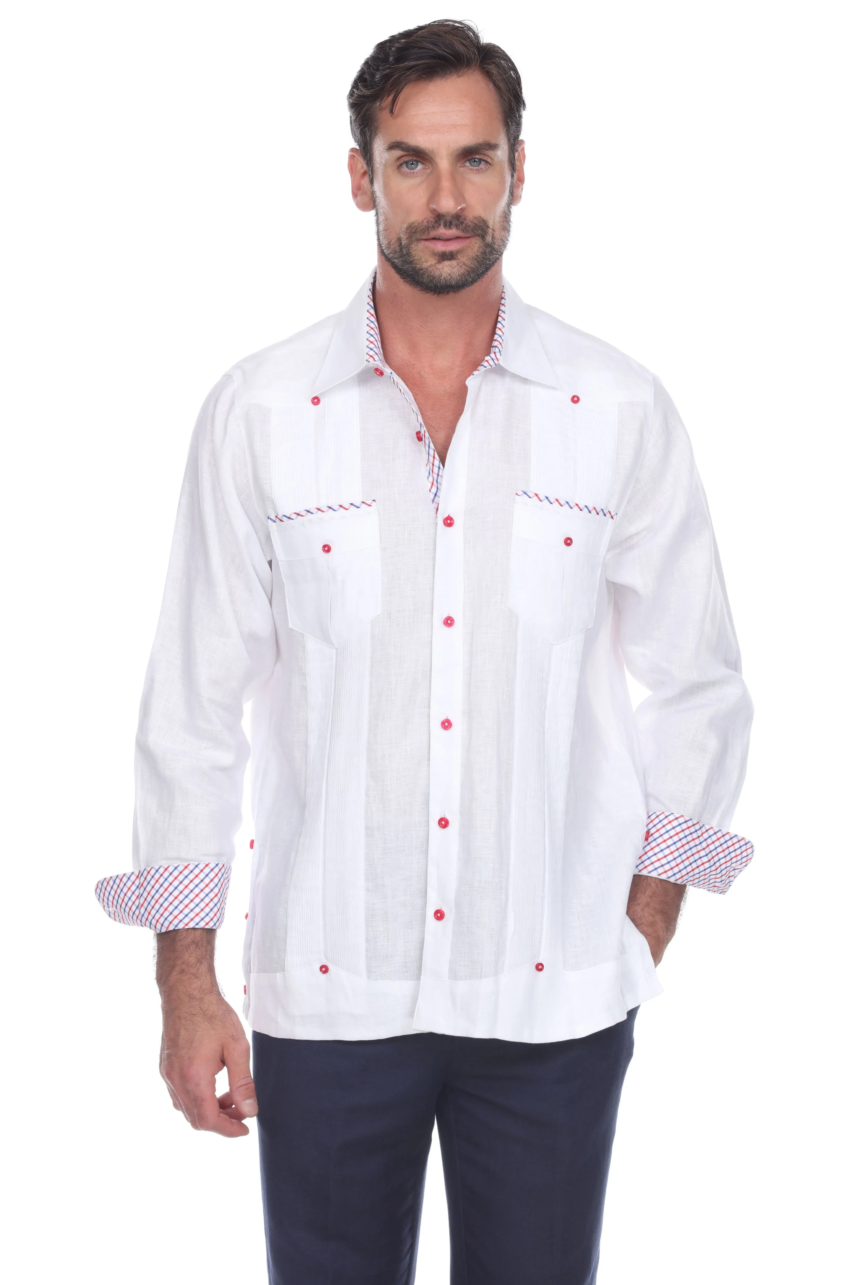 Mojito Men's 100% Linen Guayabera Shirt Long Sleeve Print Trim Accent