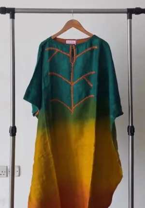 Nabilah Green Sunset Yellow and Orange Tunic with Orange Beaded Neckline