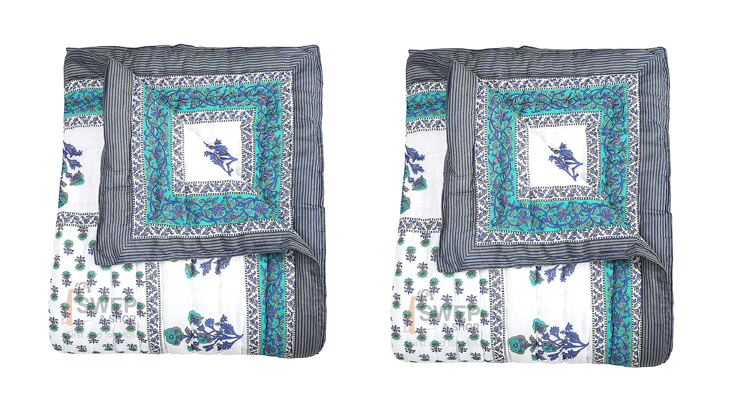 Namaste India Rajasthani Cotton 300 TC Jaipuri Razai ac Blanket Flower Print with Border Design Single Bed Reversible razai Quilt 55 x 85 Inch (Set of 2) (Blue or Grey)