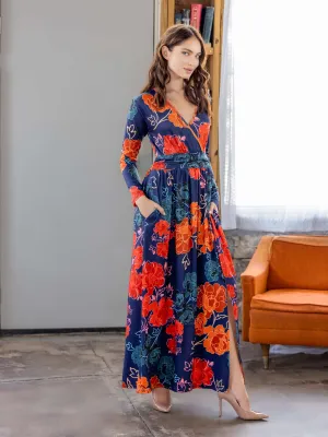 Navy Floral Print Long Sleeve Side Slit Maxi Dress