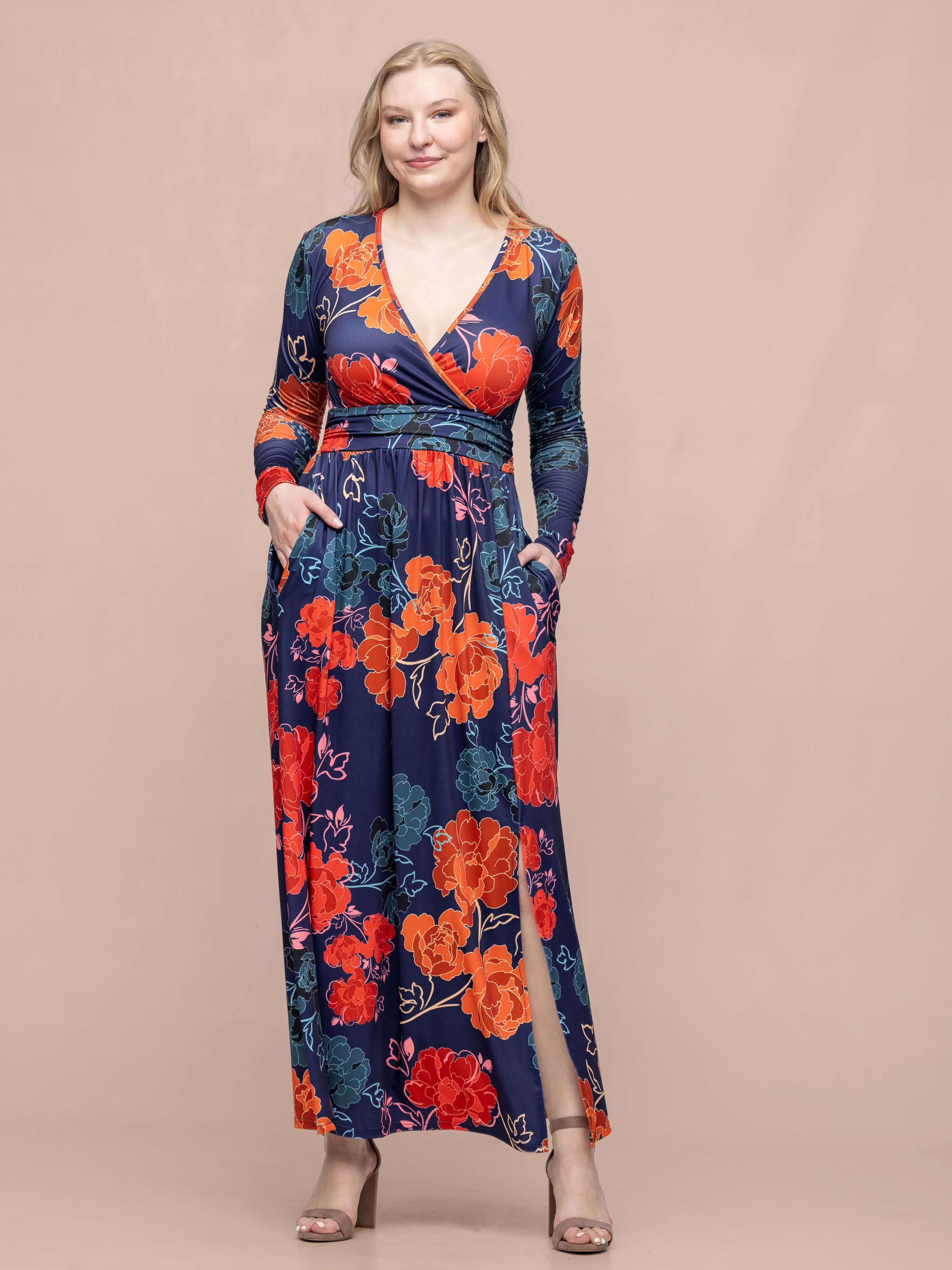 Navy Floral Print Long Sleeve Side Slit Maxi Dress