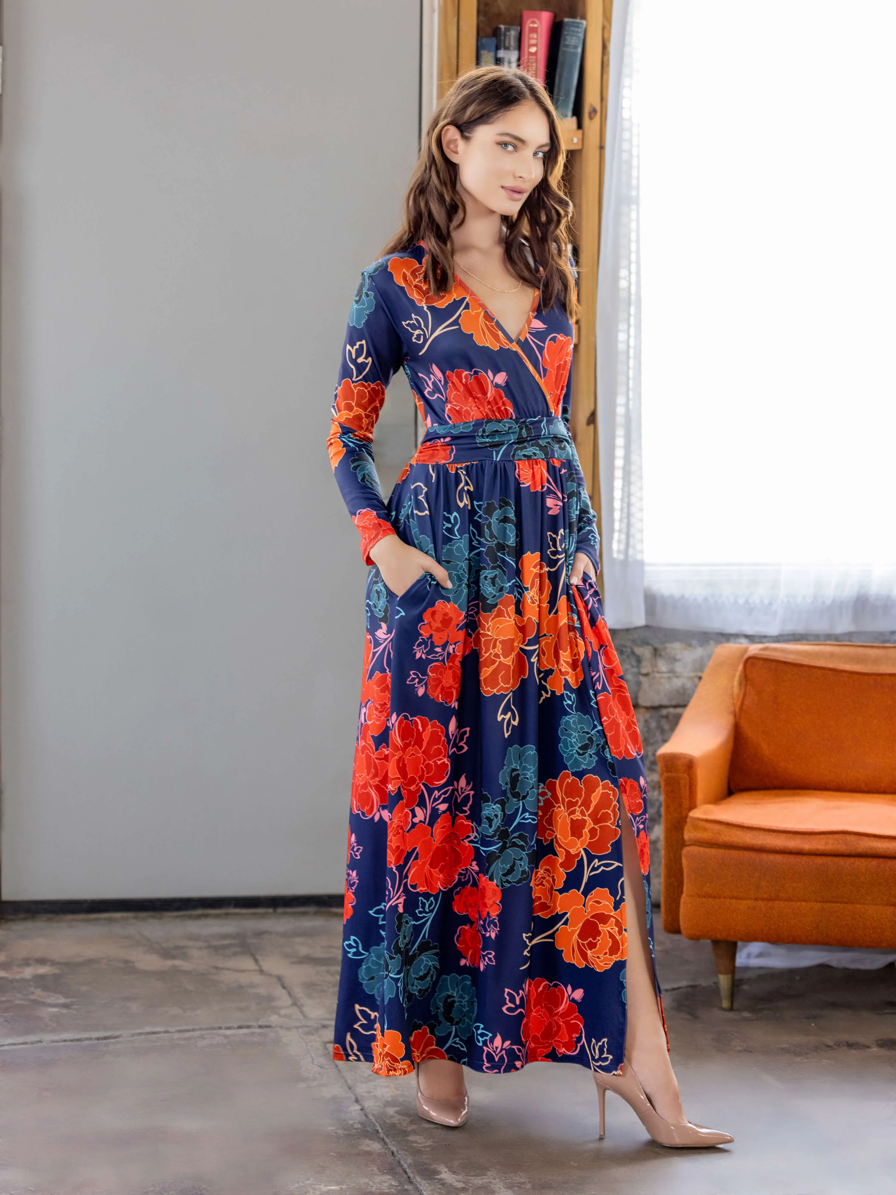 Navy Floral Print Long Sleeve Side Slit Maxi Dress