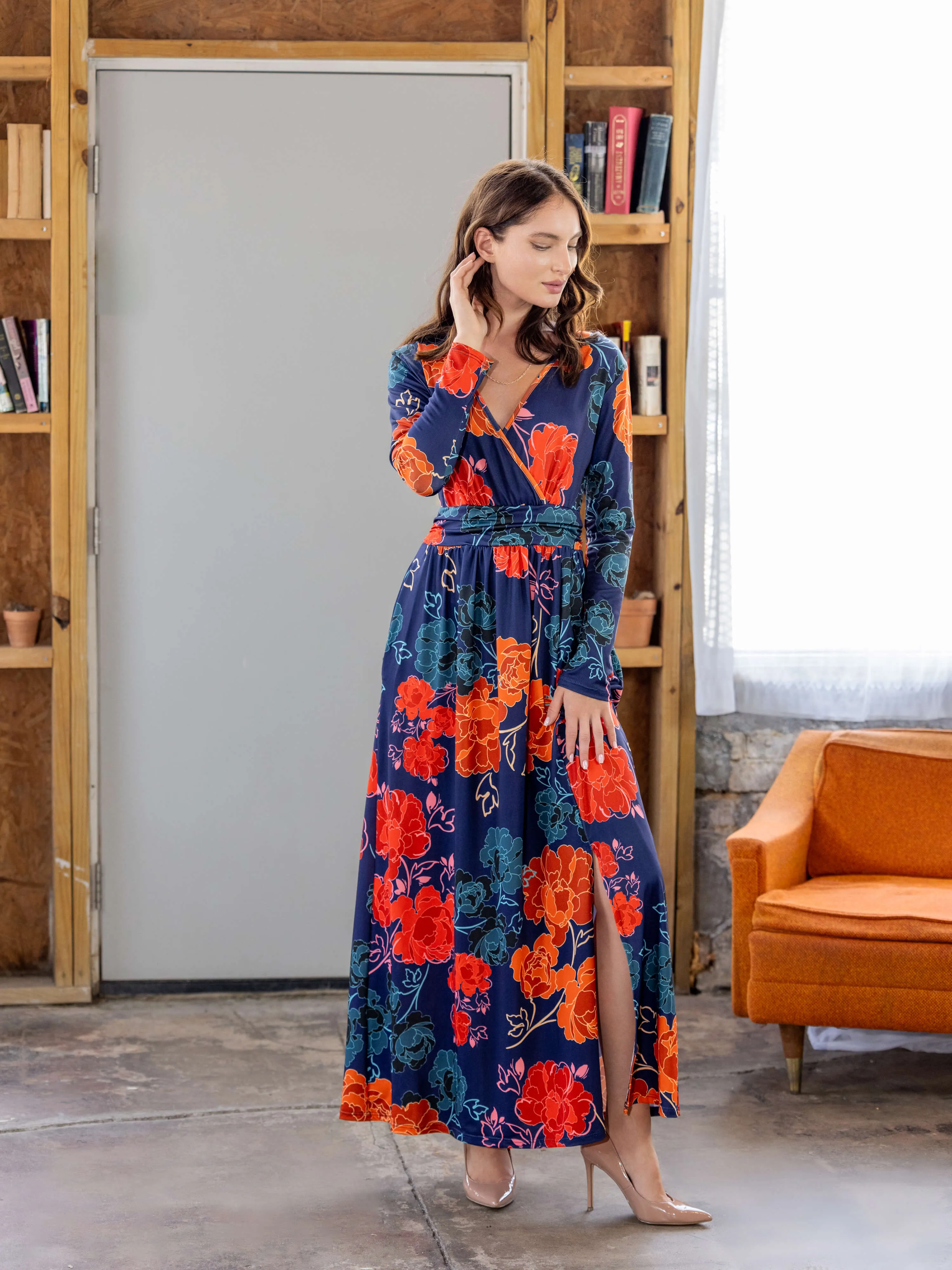 Navy Floral Print Long Sleeve Side Slit Maxi Dress