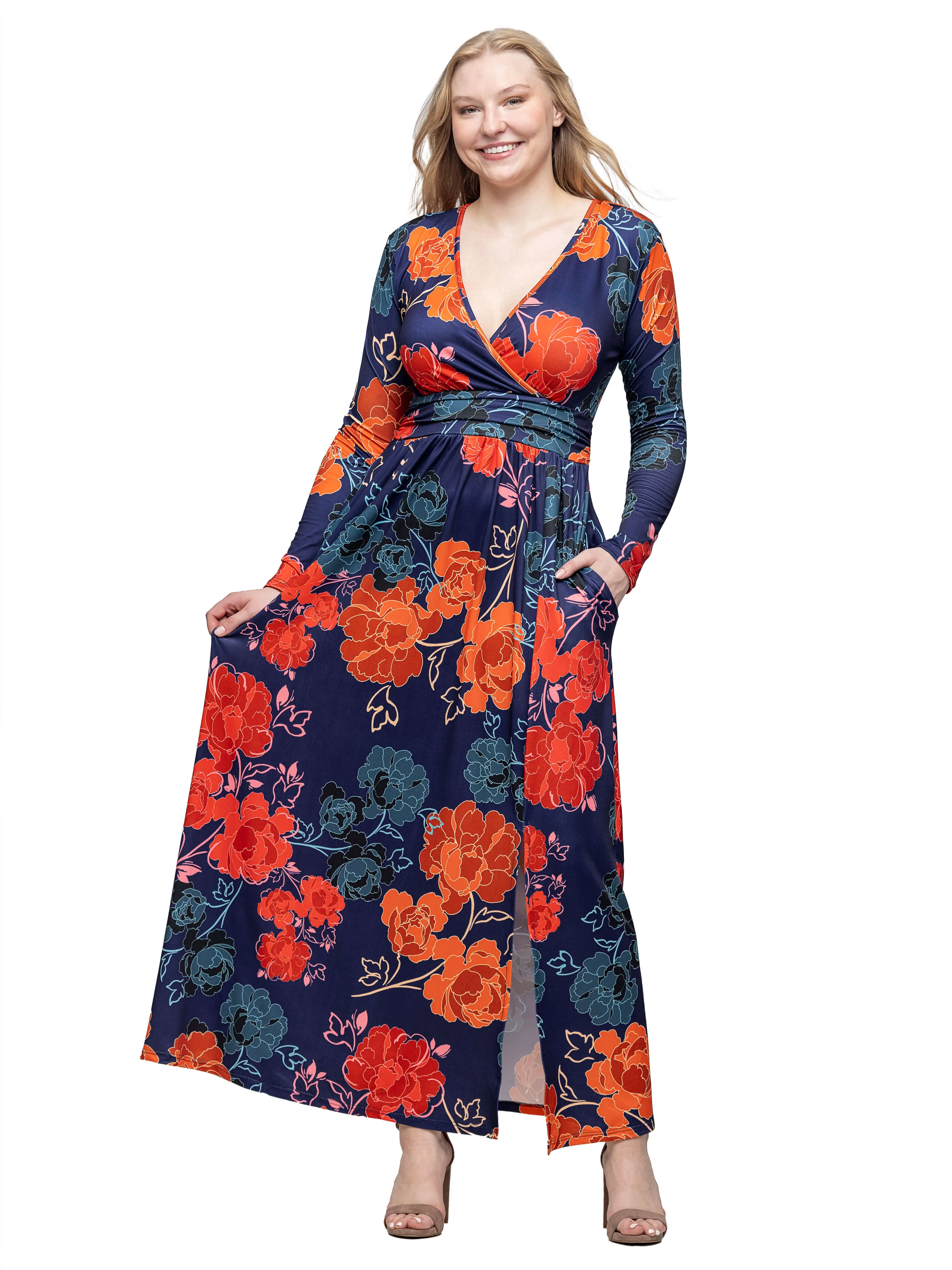 Navy Floral Print Long Sleeve Side Slit Maxi Dress