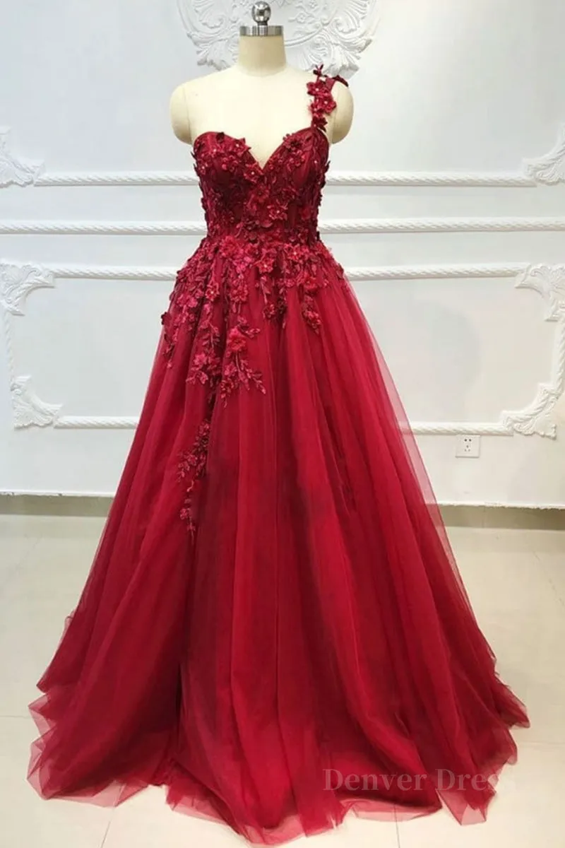 One Shoulder 3D Floral Burgundy Lace Long Prom Dress Burgundy Lace Appliques Formal Graduation Evening Dress