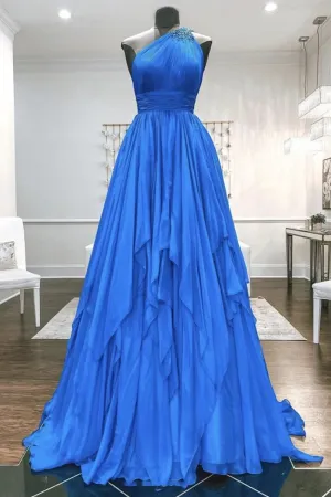 One Shoulder Backless Blue Chiffon Long Prom Dress, Beaded Blue Long Formal Evening Dress