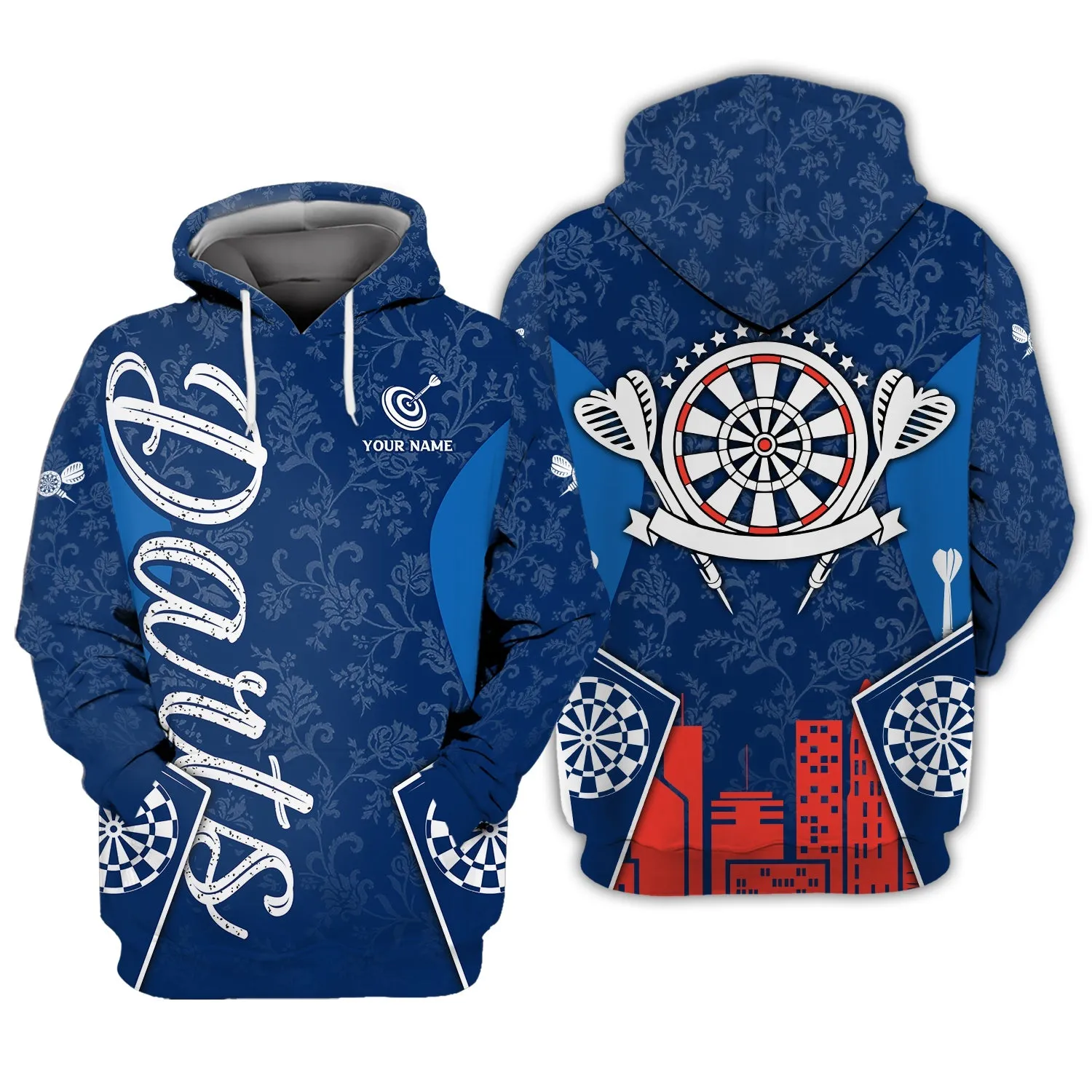 Personalized Name Darts Blue Flower Pattern 3D Printed Sweatshirt Hoodie Shirts, Gift for Dart Lovers Christmas