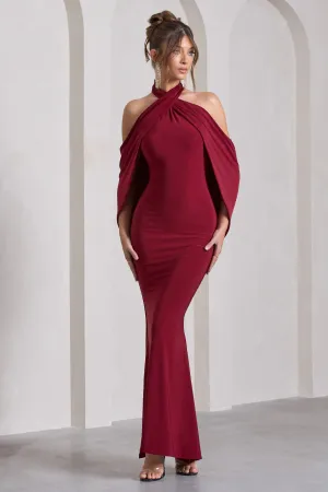 Revelation | Berry Red Crossed Halter-Neck Fishtail Maxi Dress With Cape