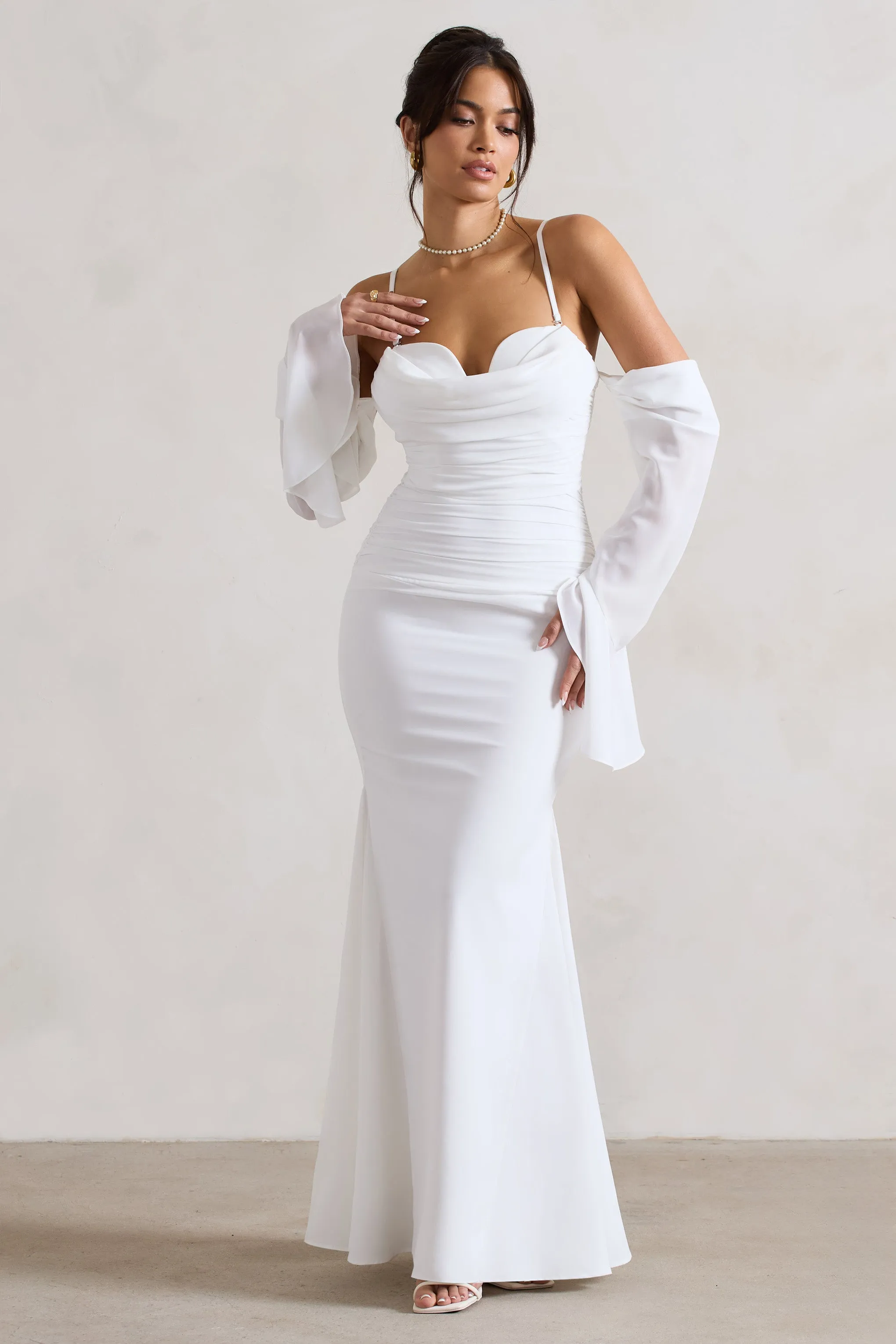 Rhiannon | Cream Draped Flared-Sleeve Fishtail Maxi Dress