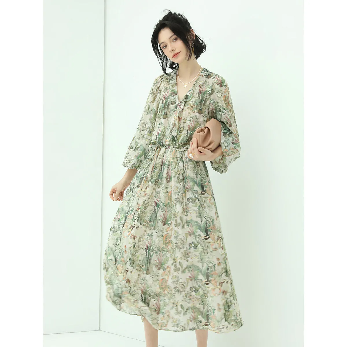 Romantic Floral Long Sleeved Floral Green Midi Dress