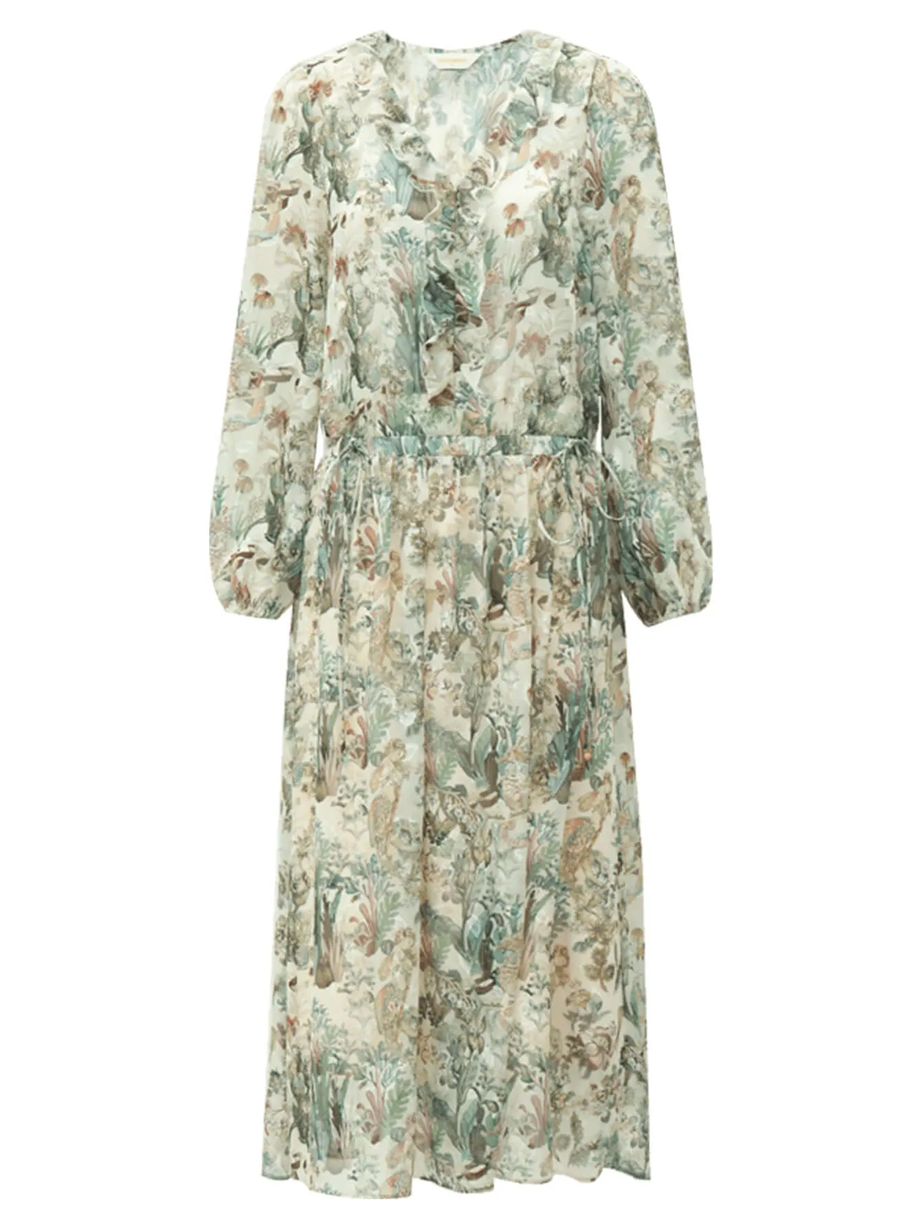 Romantic Floral Long Sleeved Floral Green Midi Dress