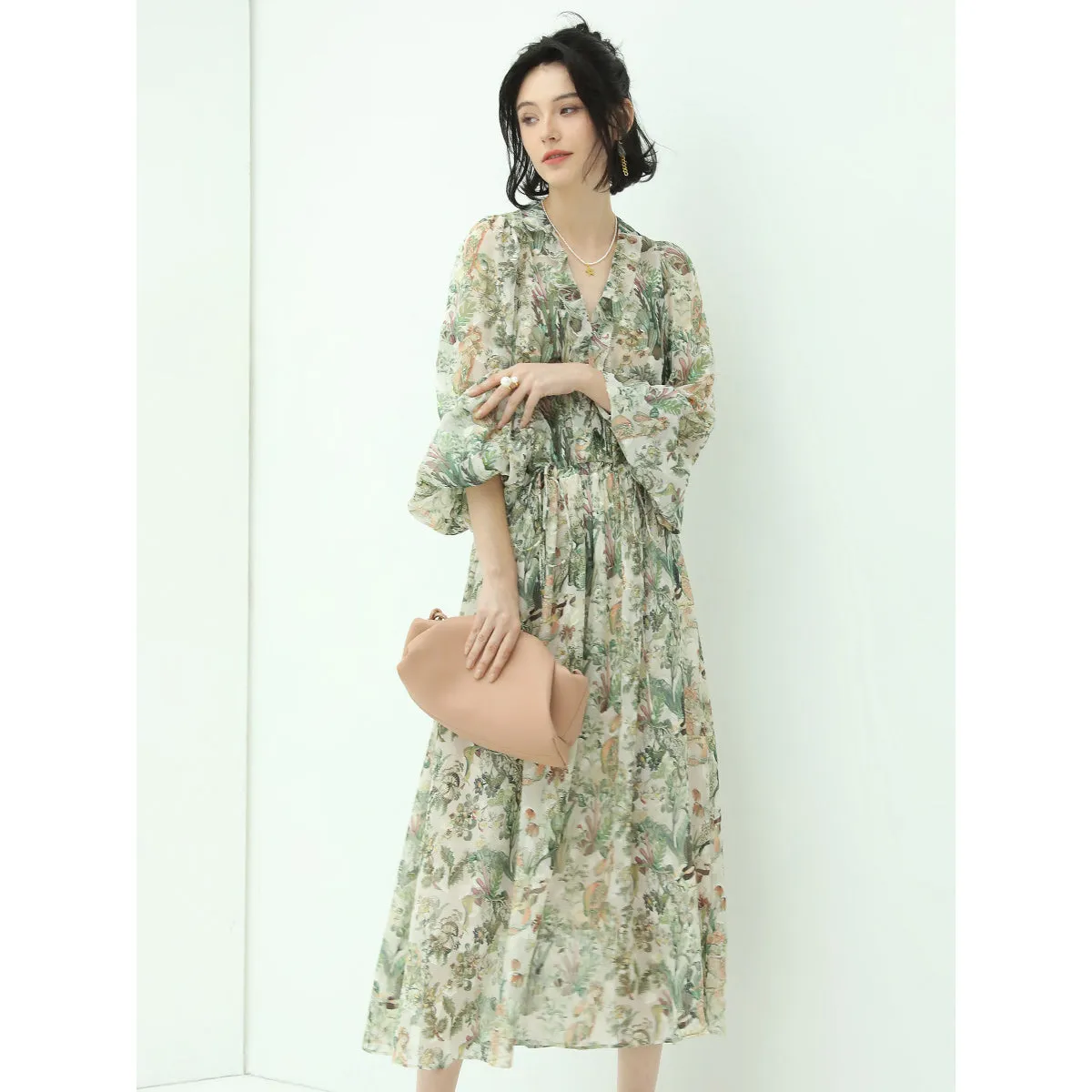 Romantic Floral Long Sleeved Floral Green Midi Dress