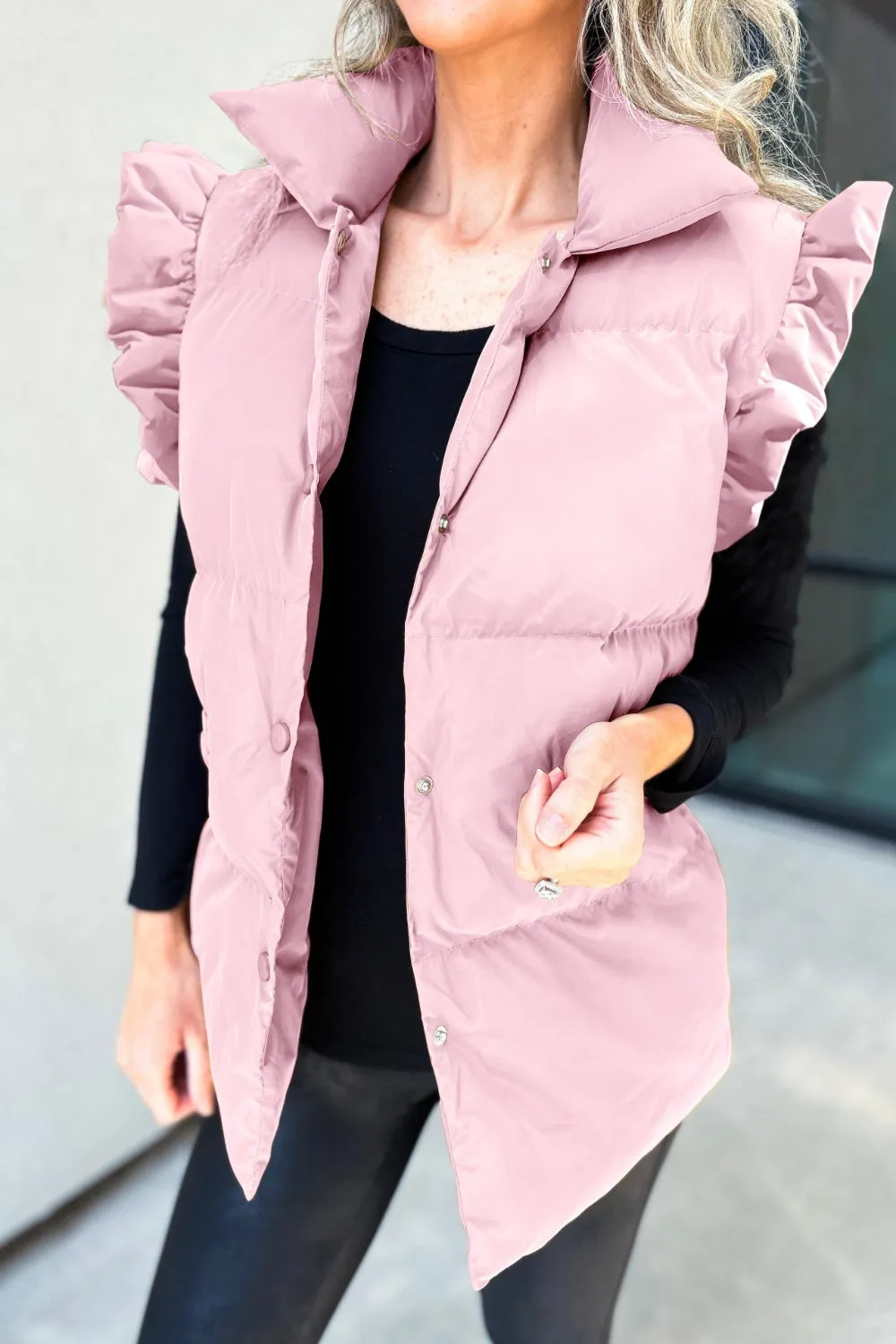 Ruffled Snap Down Mock Neck Vest Coat