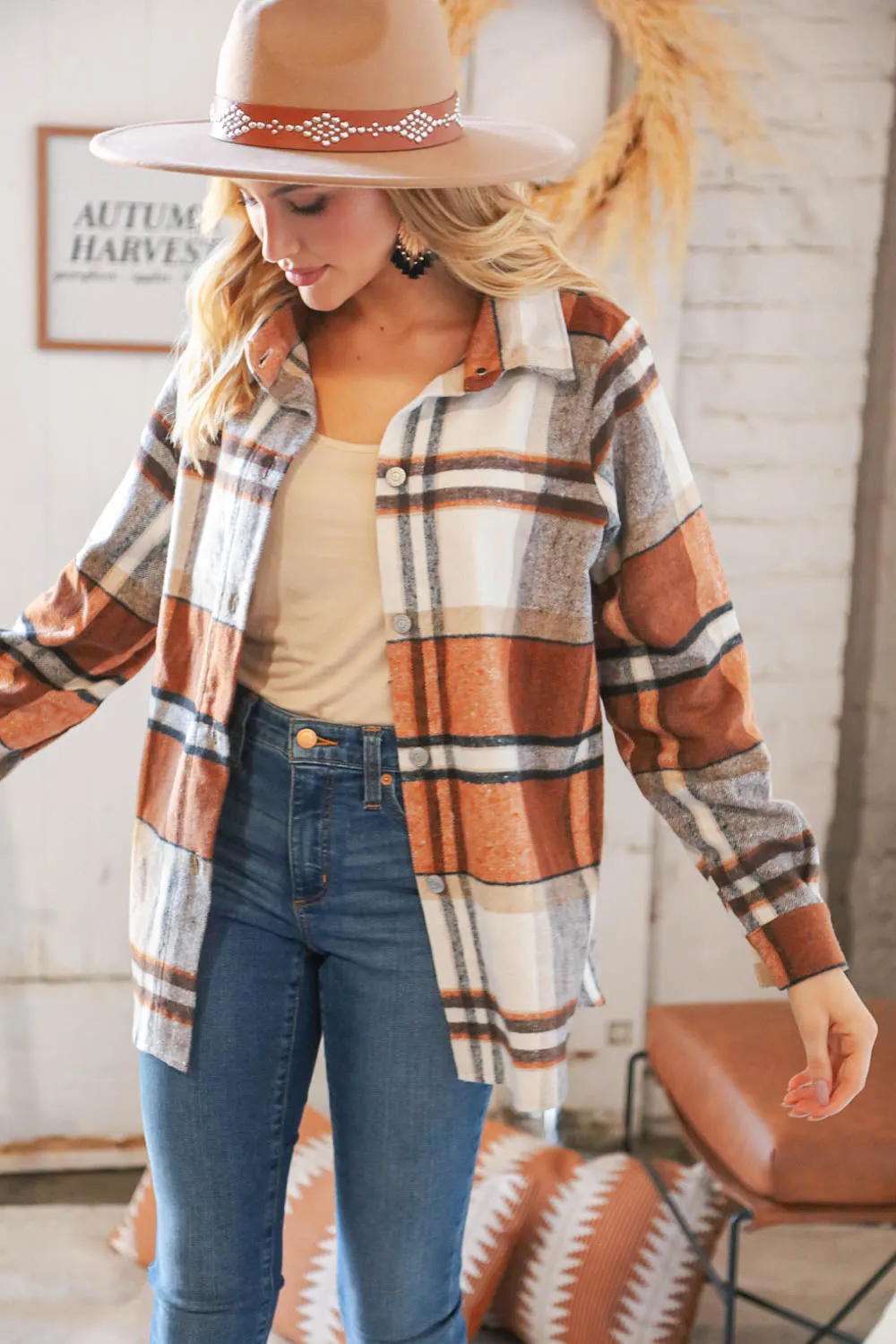 Rust Plaid Flannel Button Down Shirt Jacket