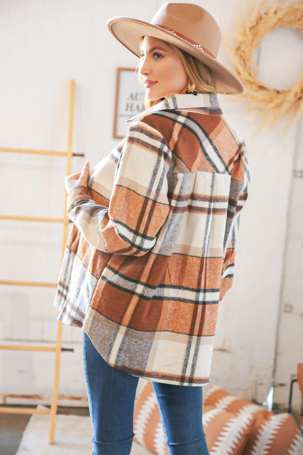 Rust Plaid Flannel Button Down Shirt Jacket