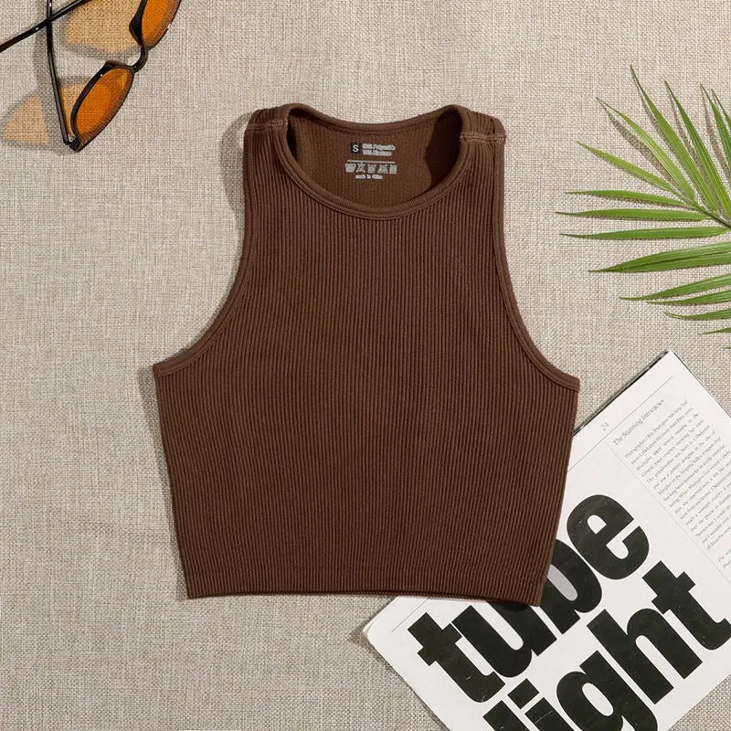 Seamless and Elastic Rib-Knit Sleeveless Everyday Crop Tops