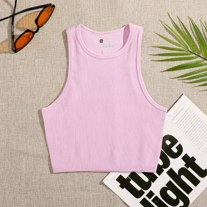 Seamless and Elastic Rib-Knit Sleeveless Everyday Crop Tops