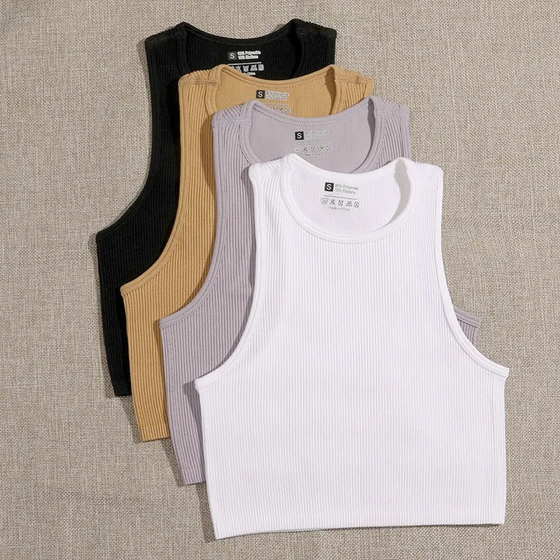 Seamless and Elastic Rib-Knit Sleeveless Everyday Crop Tops