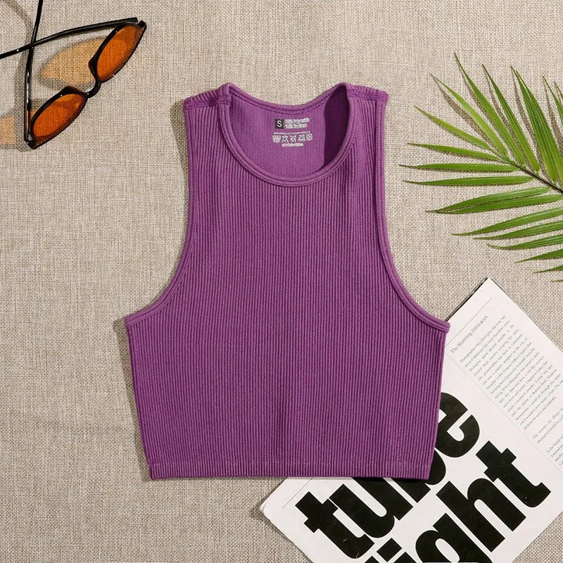 Seamless and Elastic Rib-Knit Sleeveless Everyday Crop Tops