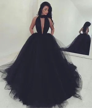 Sexy Fluffy Backless Black Tulle Prom Dresses, Black Evening Dresses