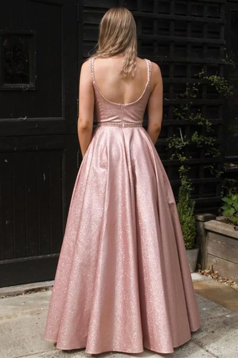 Shiny Open Back Floor Length Long Pink Prom Dress, Pink Formal Dress, Sparkly Pink Evening Dress