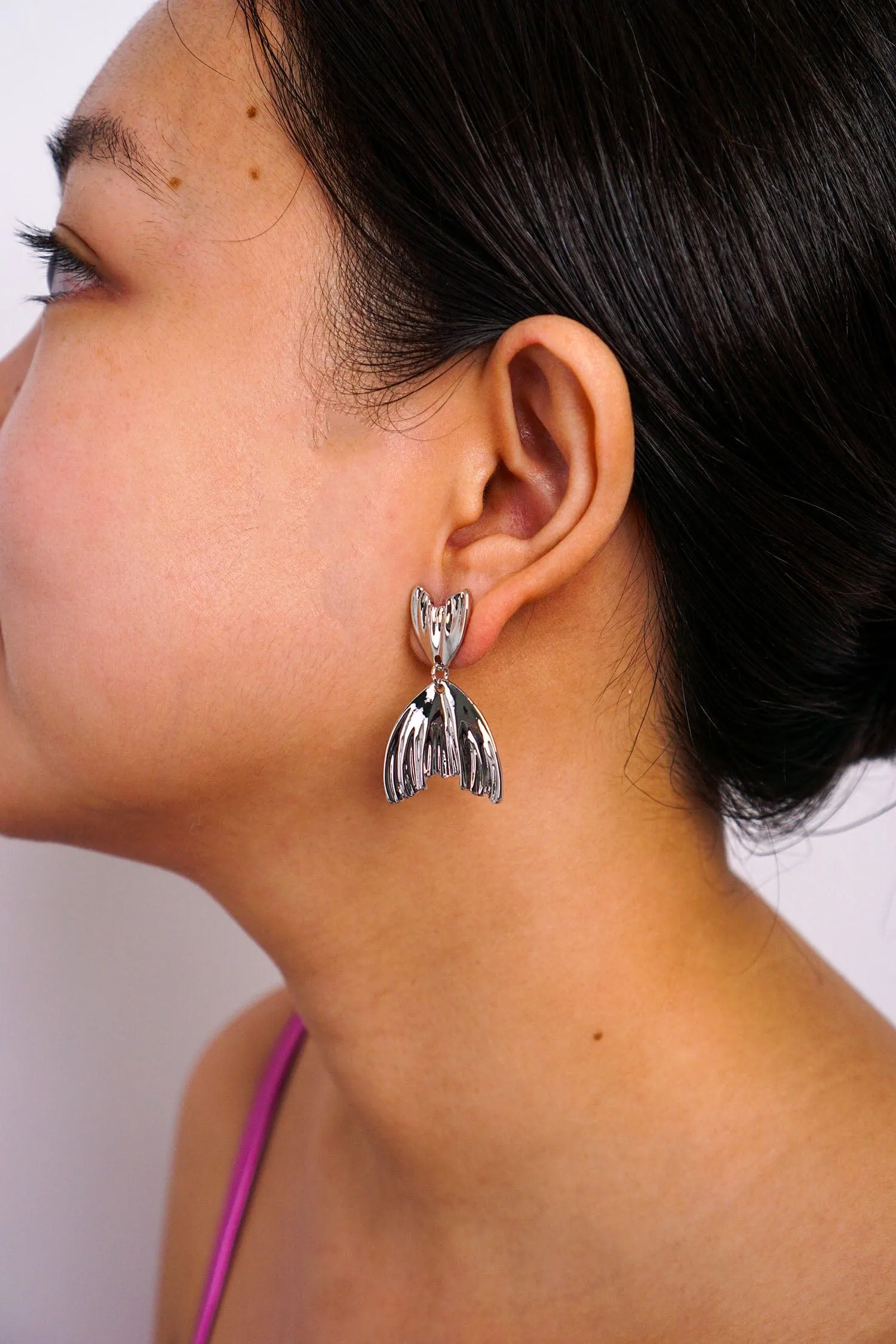 Silver Pleated Fishtail Stud Earrings