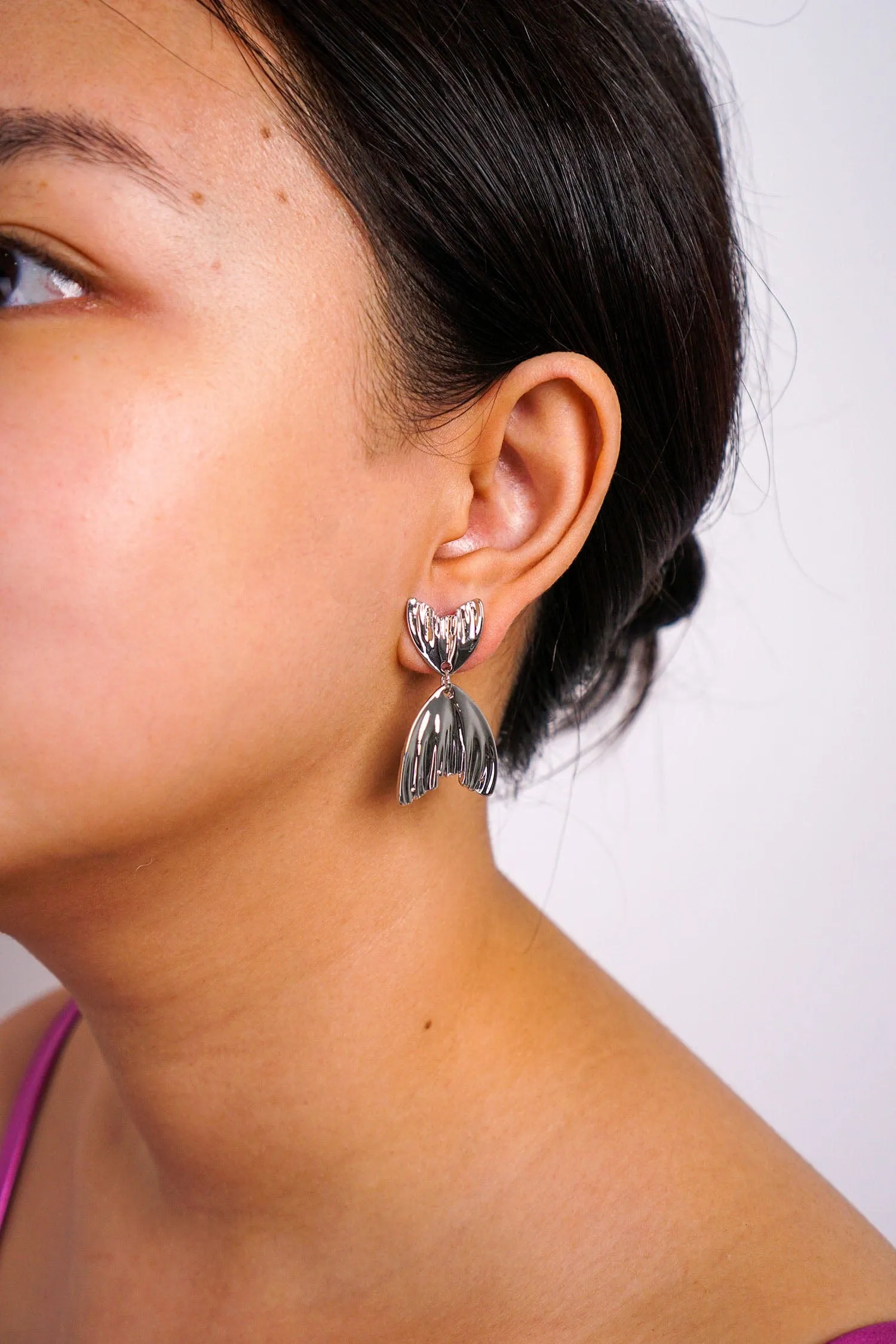 Silver Pleated Fishtail Stud Earrings