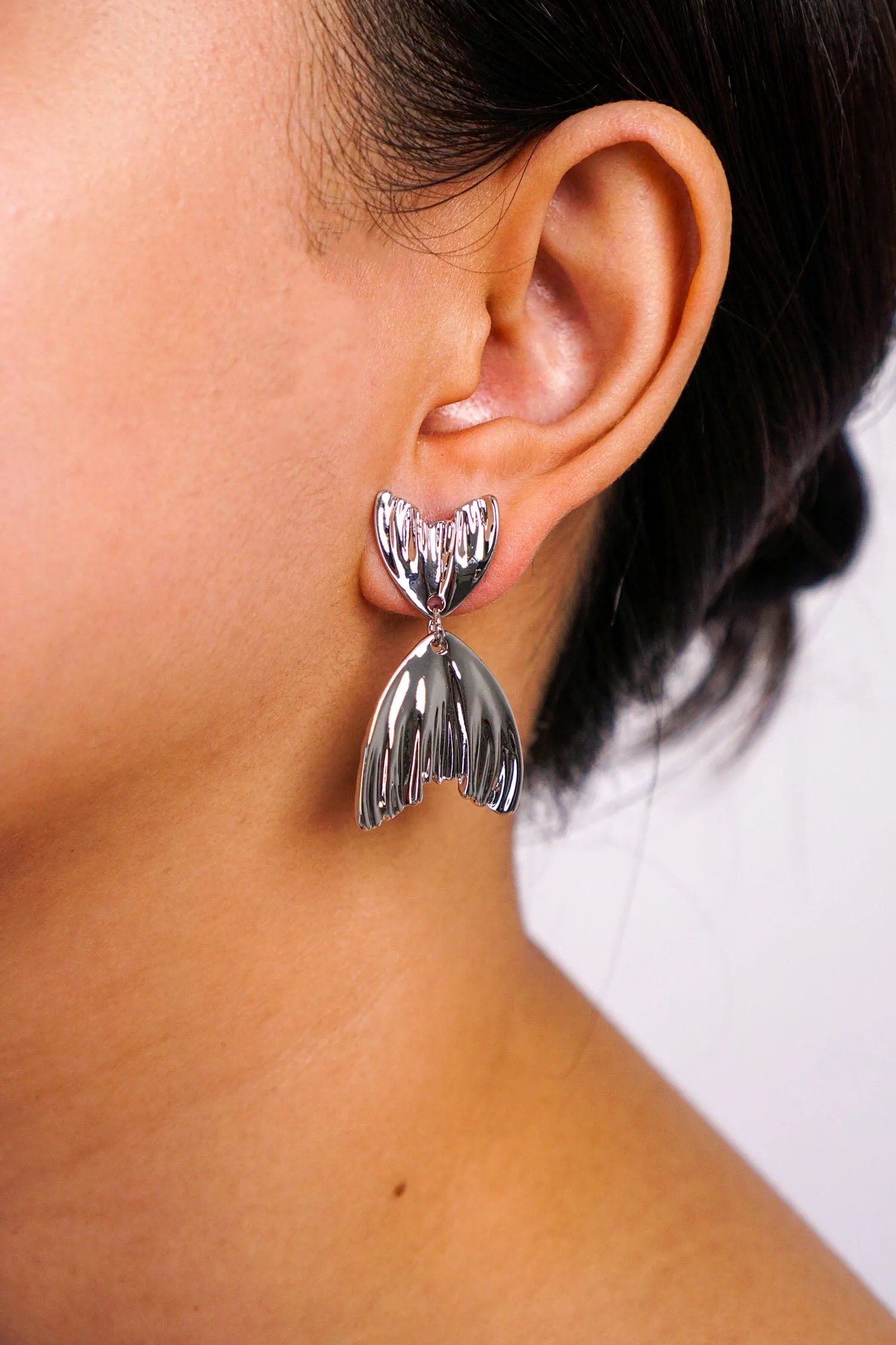 Silver Pleated Fishtail Stud Earrings