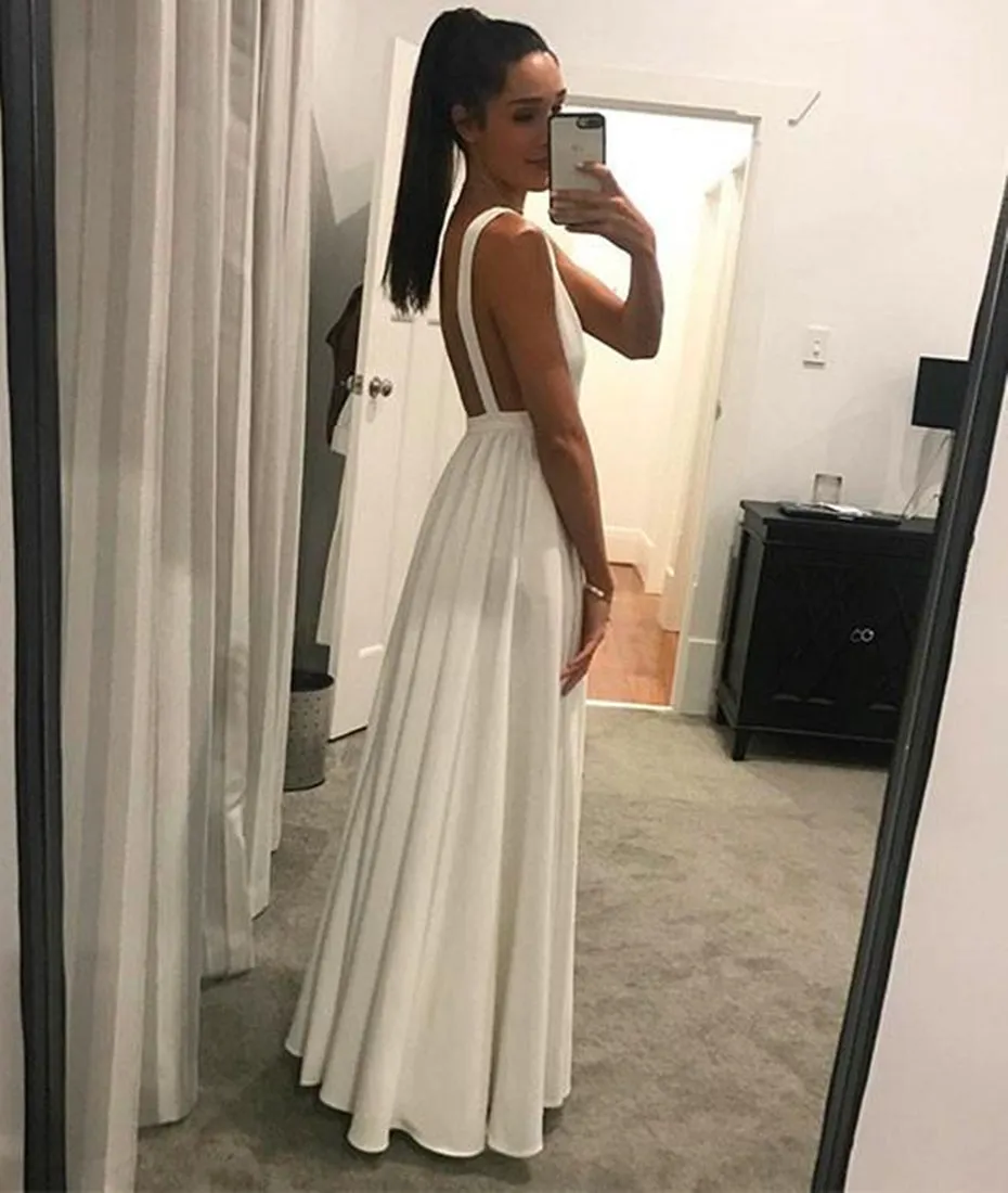 Simple A Line V Neck Floor Length Backless White Long Prom Dresses, White V Neck Formal Dresses, White Graduation Dresses, Evening Dresses