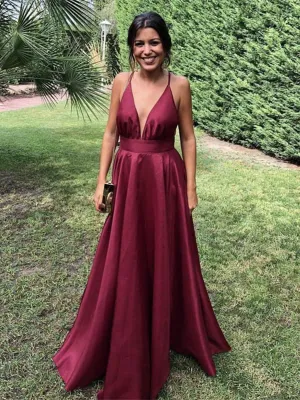 Simple Burgundy V Neck Backless Satin Long Prom Dresses, V Neck Burgundy Formal Dresses, Burgundy Evening Dresses