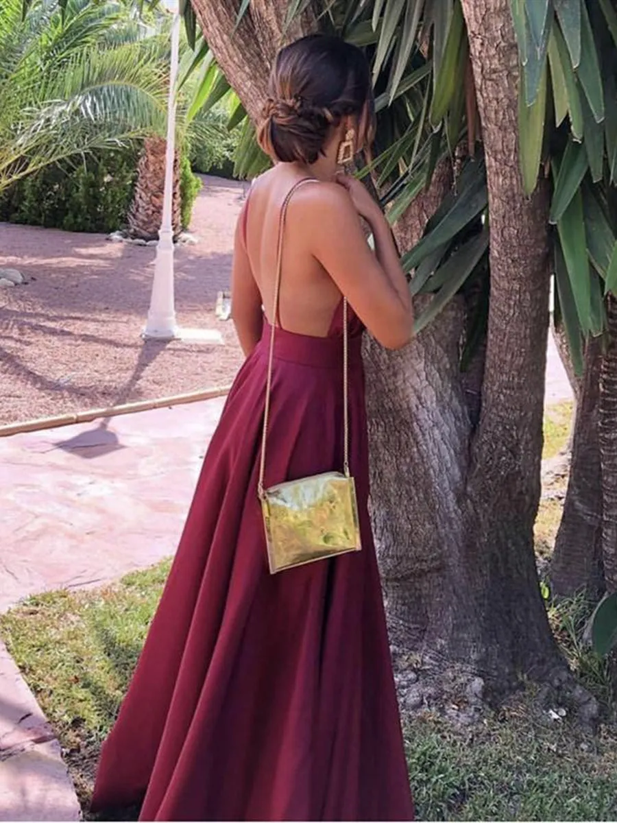 Simple Burgundy V Neck Backless Satin Long Prom Dresses, V Neck Burgundy Formal Dresses, Burgundy Evening Dresses