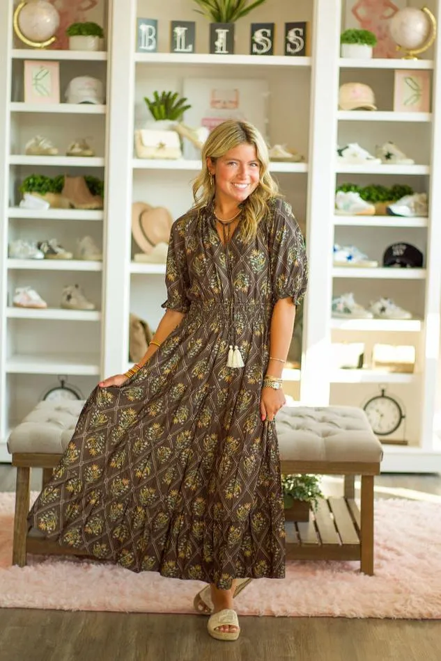 Smocked Waist Tiered Flower Print Long Dress