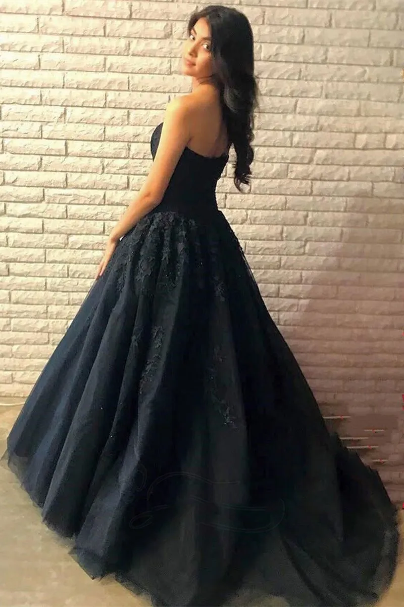 Strapless Open Back Black Lace Long Prom Dress, Backless Black Lace Formal Dress, Black Lace Evening Dress