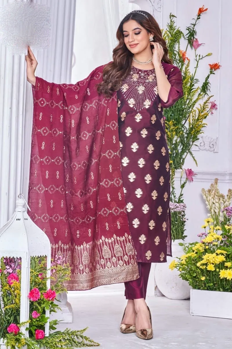 Stunning Maroon Color Embroidery Work Salwar Suits With Fancy Banarasi Dupatta