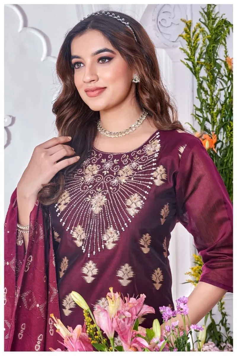 Stunning Maroon Color Embroidery Work Salwar Suits With Fancy Banarasi Dupatta