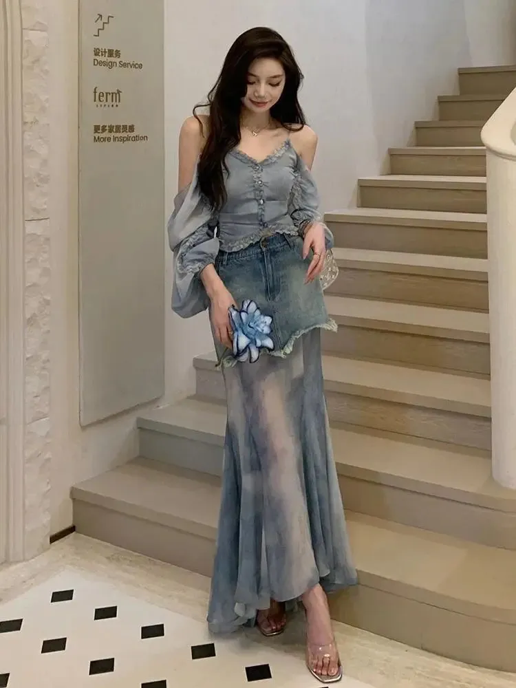 Summer New Retro Denim Patchwork Mesh Semi Transparent Fishtail Design High Waisted Ruffled Skirt for Slimming Effect