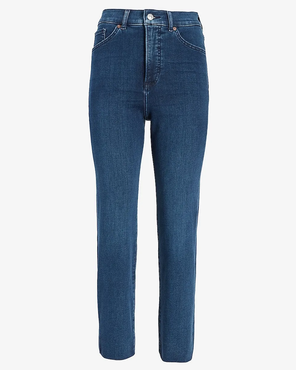 Super High Waisted Knit Raw Step Hem Slim Jeans in Dark Wash