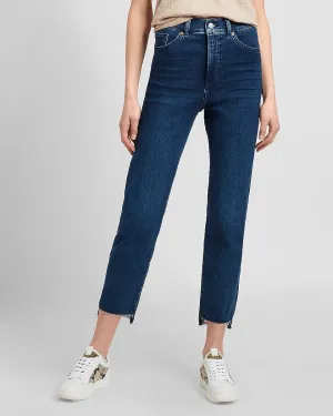 Super High Waisted Knit Raw Step Hem Slim Jeans in Dark Wash