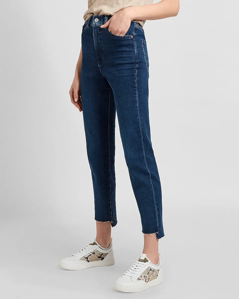 Super High Waisted Knit Raw Step Hem Slim Jeans in Dark Wash