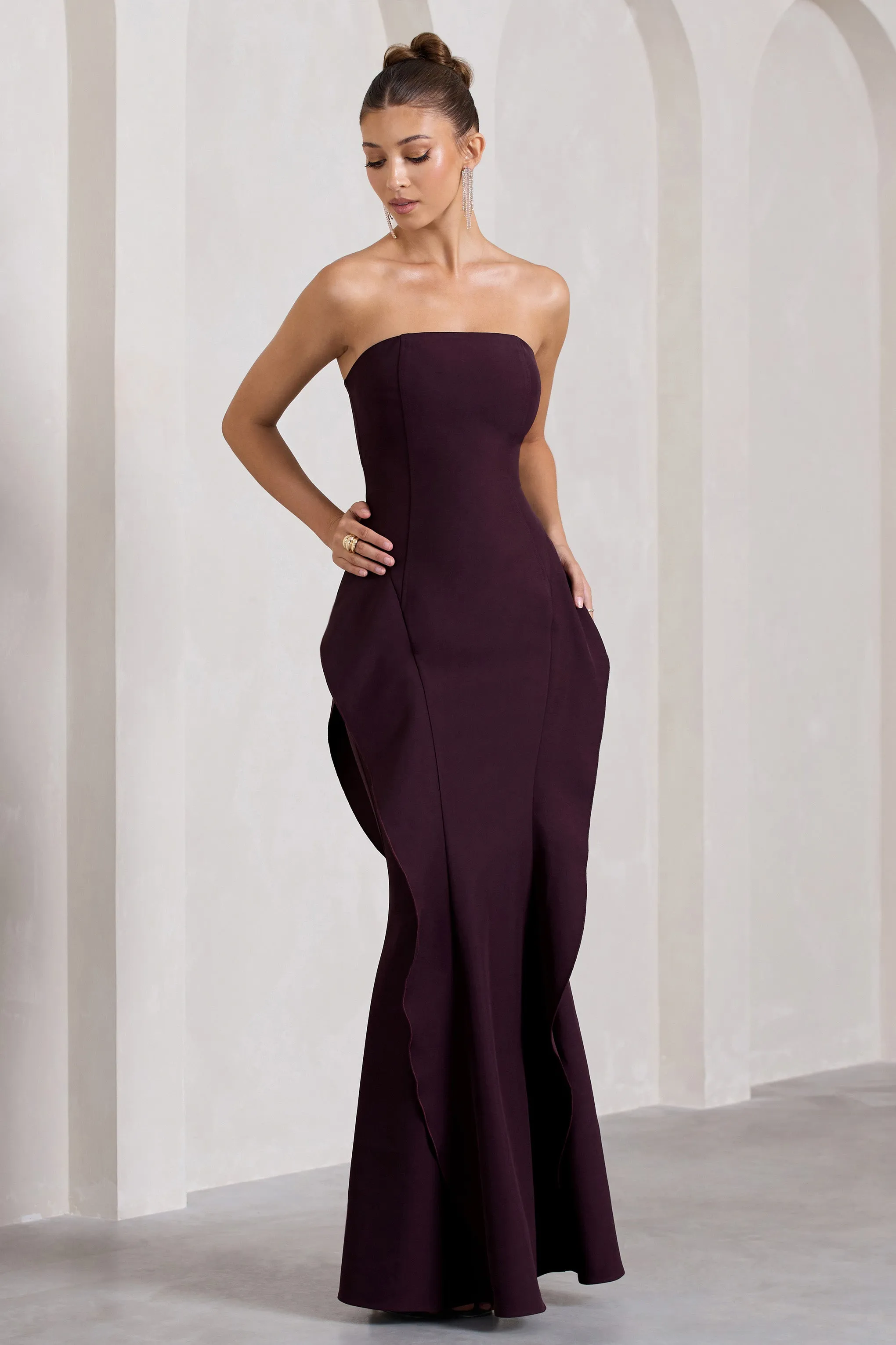 The Real Thing | Plum Strapless Draped Fishtail Maxi Dress