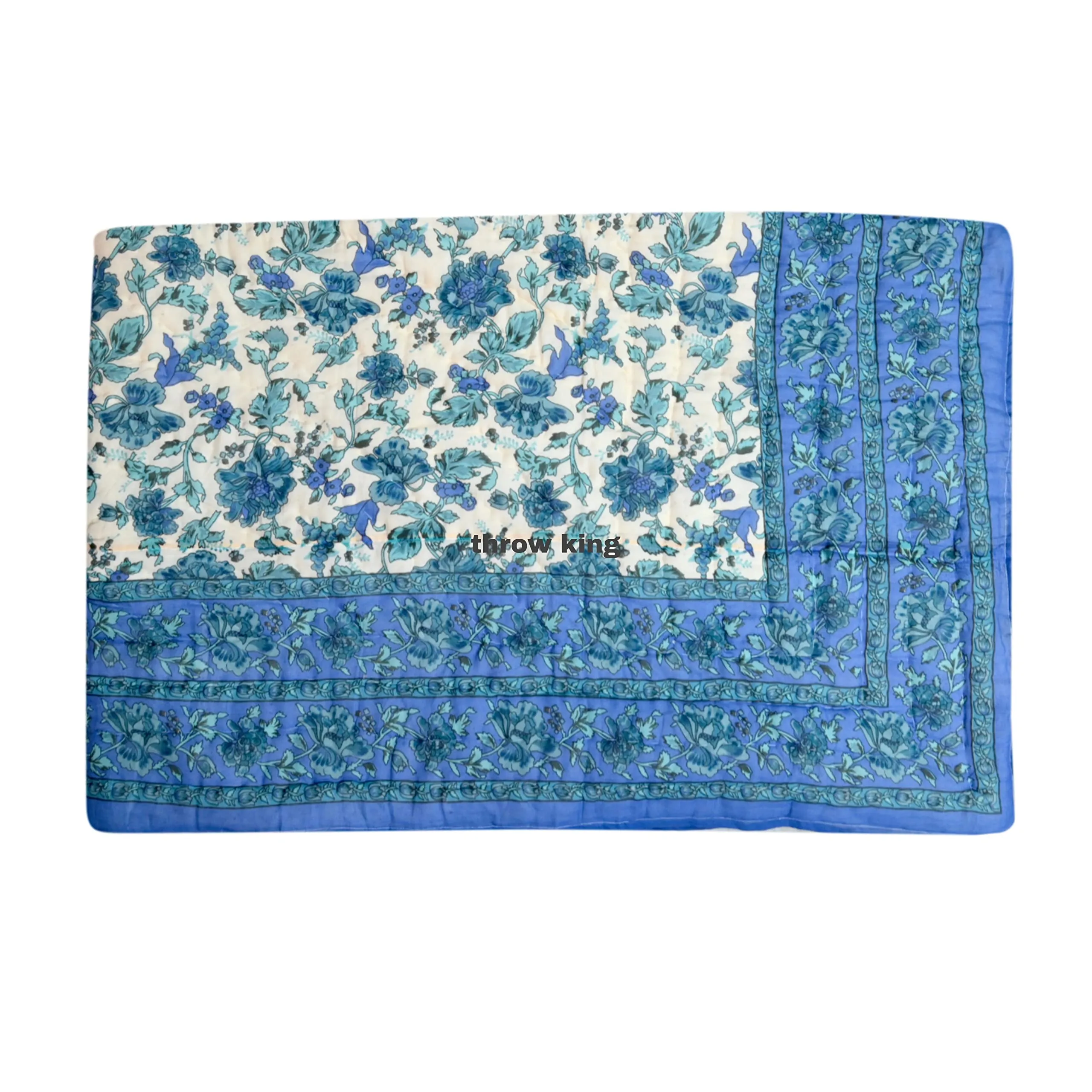 THROW KING Rajasthani Jaipuri Pure Organic Cotton Floral Printed Single Bed Jaipuri Razai/Rajai/Quilt/Blanket/Dohar (Set of 3)(Blue/Cream)