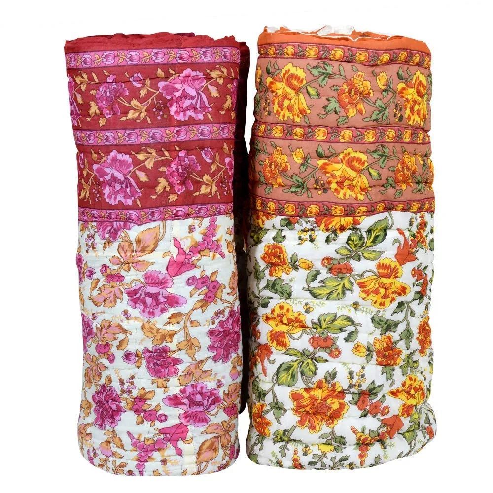 THROW KING Rajasthani Jaipuri Pure Organic Cotton Floral Printed Skin Friendly Single Bed AC Room's Blanket Jaipuri Razai/Rajai/Quilt/Blanket/Dohar (Beige/Pink) (Pack of-2)