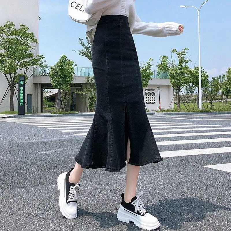 Toleet skirt outfits Summer High Waist Small Denim Skirt Women's Split Ruffled Stretch Slim Hip Skirt Mid-Length Fishtail Skirt