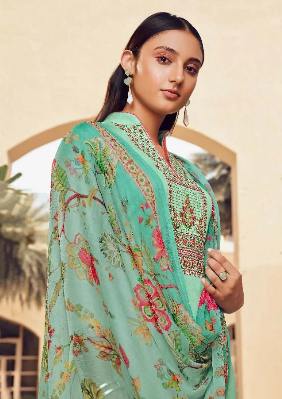 Unstitched Cotton Satin Suit Dress Material with Chiffon Dupatta